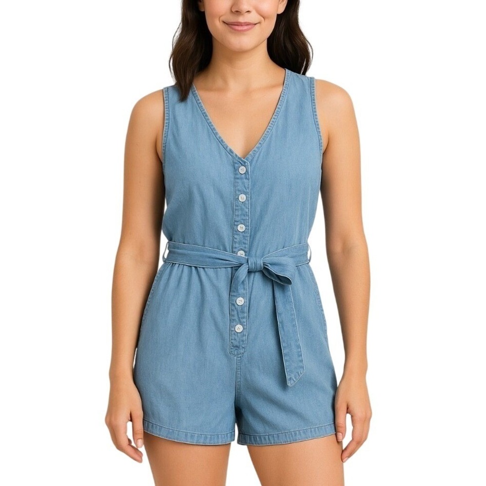 Rails Blue Romper SMALL Sleeveless Button Down Belted Casual Summer Boho Chic
